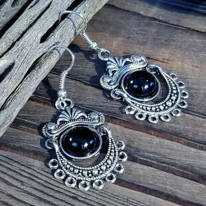 Antique Silver Art Nouveau Faux Black Onyx Stone Dangle Earrings